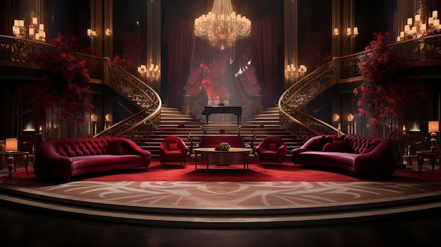 a stage with a red couch and a table in the middle of it