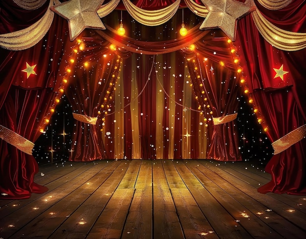 a stage with a red curtain and a pair of gold dancers on it