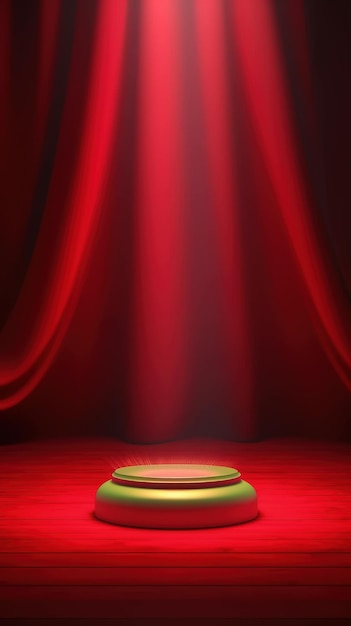 A stage with a red curtain and a round podium in front of it.