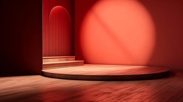 A stage with a red curtain and a round stage with a round stage in the center.