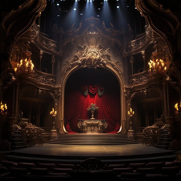 Photo a stage with a red curtain and a statue in the middle of it