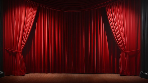 A stage with a red curtain and a wooden floor