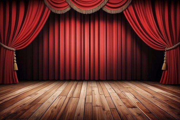 Stage with red curtain and wooden floor