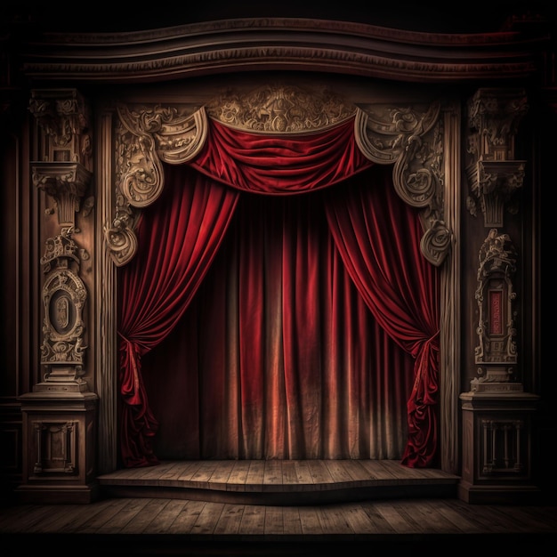 A stage with a red curtain