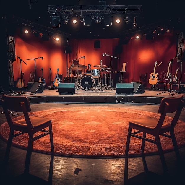 A stage with a red rug and a pair of chairs on it.