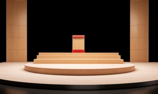 A stage with a red stripe and a yellow stand.