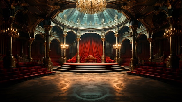 A stage with a red theater and a stage