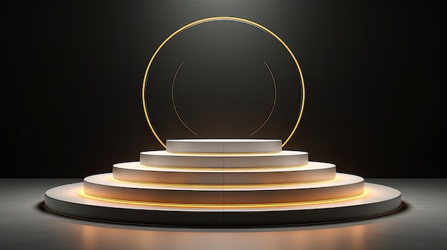 a stage with a round mirror on the top and a gold ring around it.