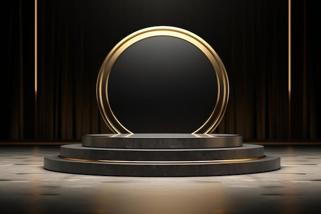 a stage with a round podium with a gold ring on it