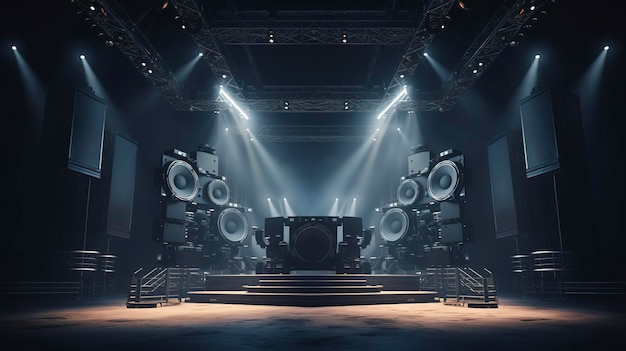 a stage with a set of speakers and a stage with lights