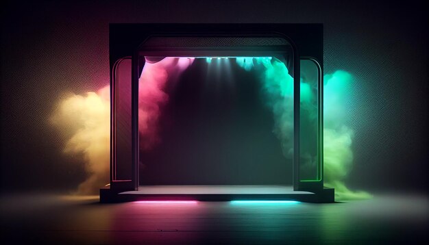 Photo a stage with smoke coming out of it and a lit stage with a blue and pink light