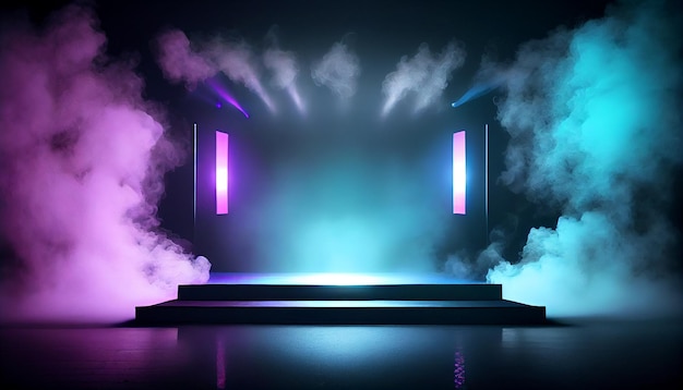 A stage with a spotlight and smoke on it.