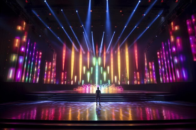 A stage with a stage lit up with colorful lights