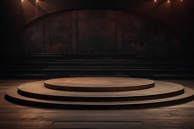 a stage with a stage and a stage with a wooden stage and a wooden stage with a wooden stage in the background.