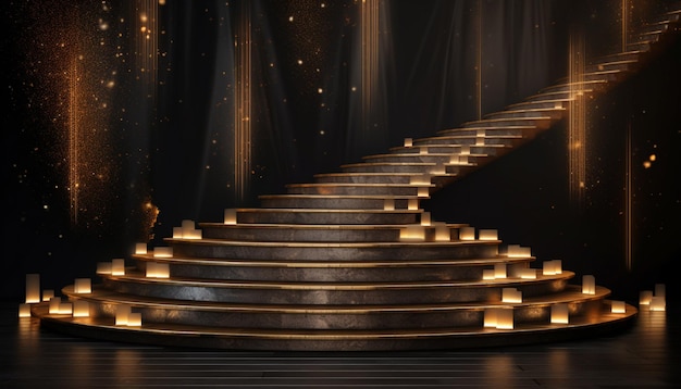 A stage with a staircase and lights