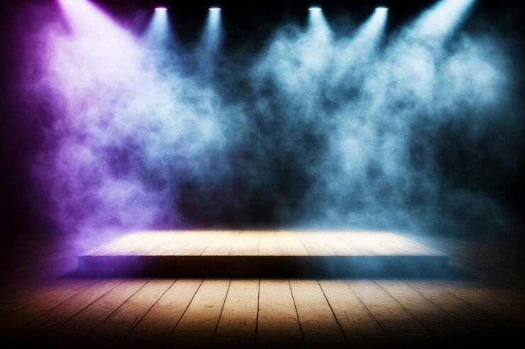Photo stage with three spotlights and wooden floor in front of it generative ai