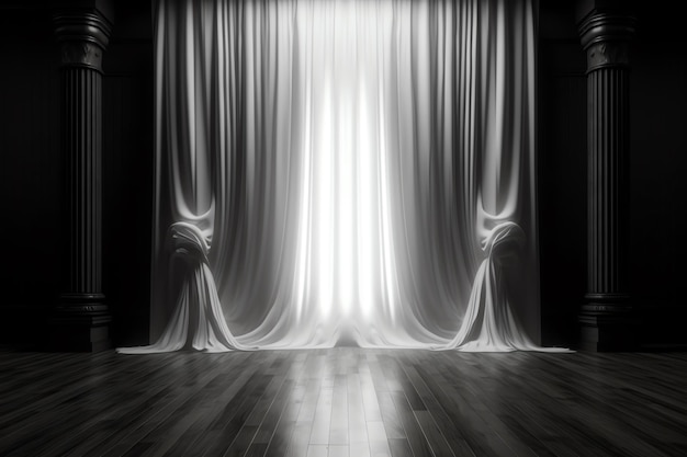 A stage with a white curtain