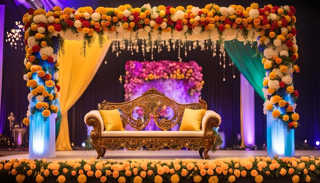 Photo a stage with a yellow couch and a curtain with a yellow and orange curtain