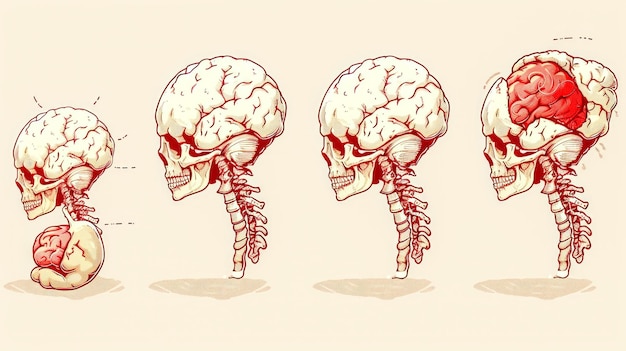 Stages of Human Brain Development Illustrated from Fetus to Adult on Neutral Background