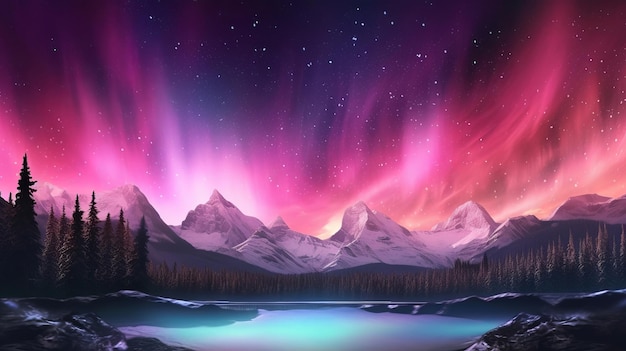 Ошеломляющие горы с Aurora Borealis Fuchsia Sky Foundation с копирайтом, созданным искусственным интеллектом