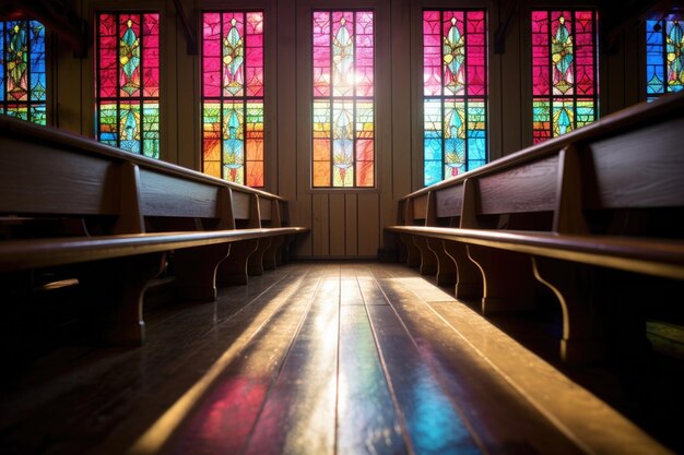 Stain glass chapel window reflecting colors on pews