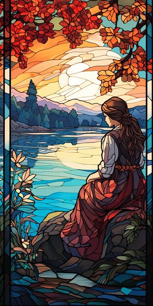 Stained Glass Art Serene Susan Overlooking Lake In Detailed Illustration