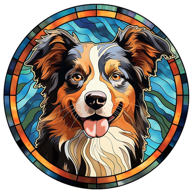 A stained glass of an Australian shepherd dog colorful