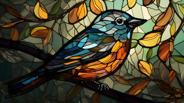 A stained glass bird sits on a branch with yellow leaves on it.