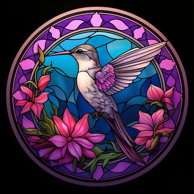 Stained Glass Bird With Hummingbird Around