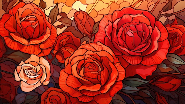 Stained glass canvas with bright bright red flowers greenery and red orange roses