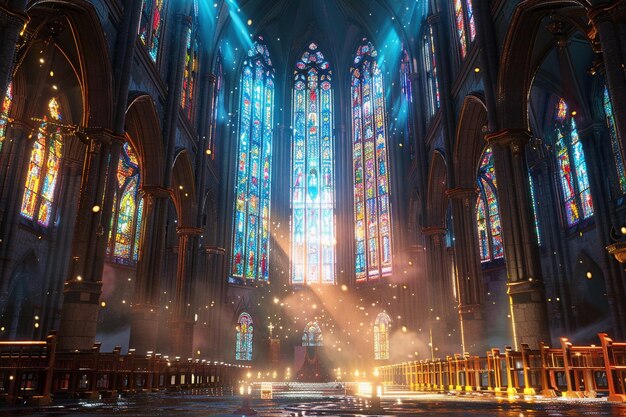 Stained glass cathedral with light streaming throu