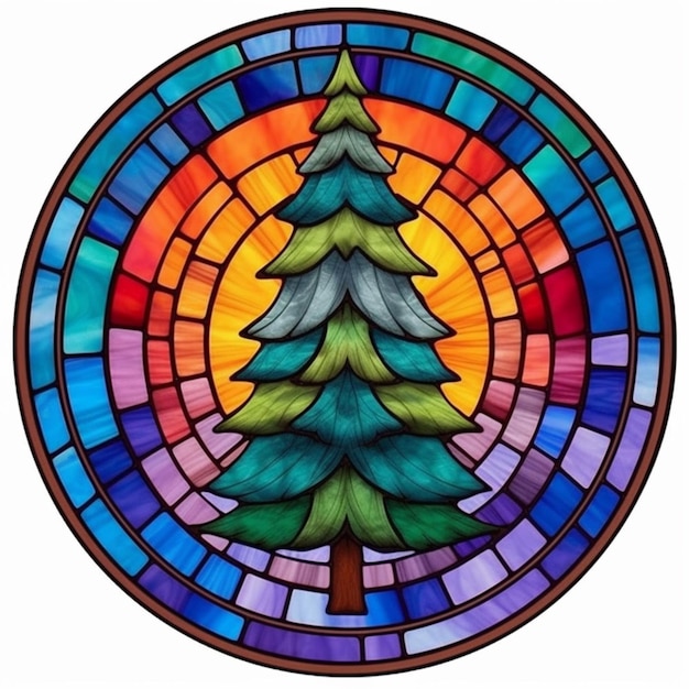 a stained glass christmas tree in a circle with a sun in the background generative ai