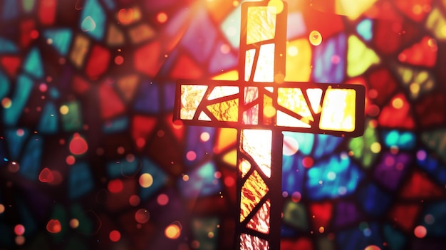 Stained Glass Cross with White Outline for Religious Text Illustration Generative AI