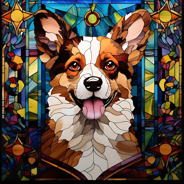 Stained glass dog with floral watercolor clipart AI Generative