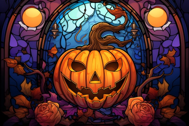 Stained glass Halloween pumpkin jackolantern