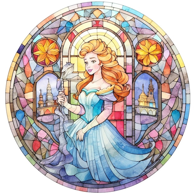 Stained glass illustration of a princess in a frame.