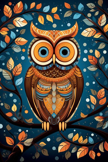 stained glass image of an owl with a tree branch and leaves