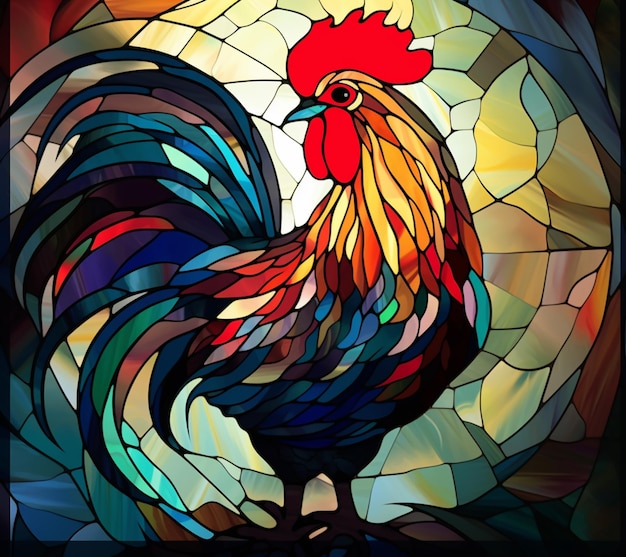 A stained glass image of a rooster with a red tail.