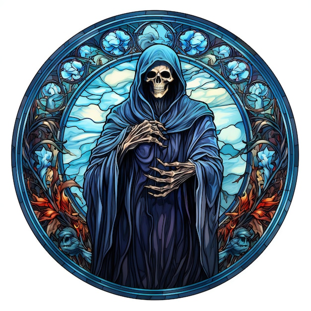 a stained glass image of a skeleton in a blue robe.