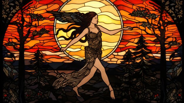 a stained glass image of a woman with wings and a sun in the background