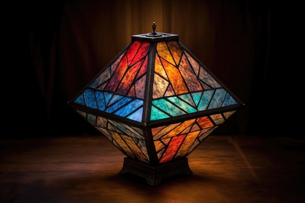 Stained glass lamp illuminating dark room created with generative ai