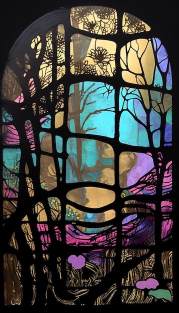A stained glass lamp with a forest scene in the background.