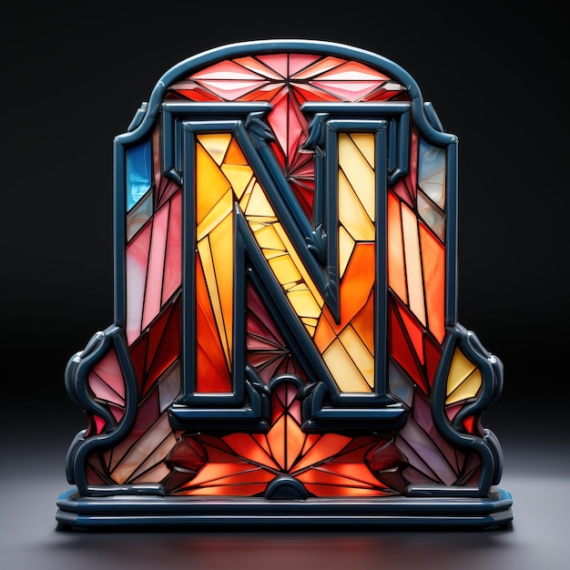 a stained glass letter n is displayed in a light fixture