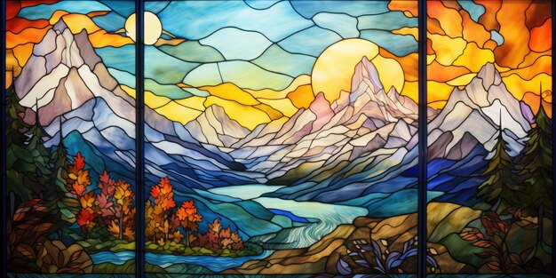 Stained Glass Mountain Majesty Craft the Splendor of SnowCapped Peaks and a Tranquil Valley i