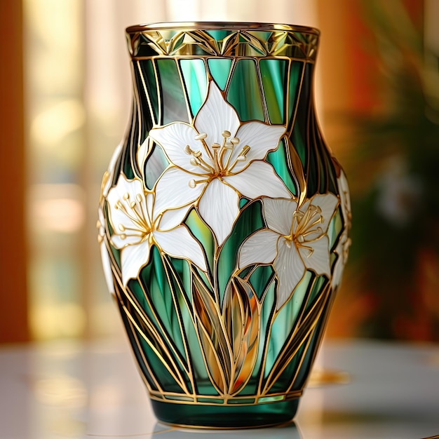 Photo stained glass ombre from green emerald gold vase stripes with white lilies of flowers with edges