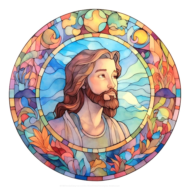 A stained glass painting of jesus in a blue sky.