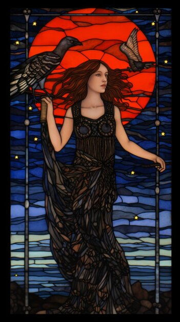 a stained glass painting of a woman holding a bird