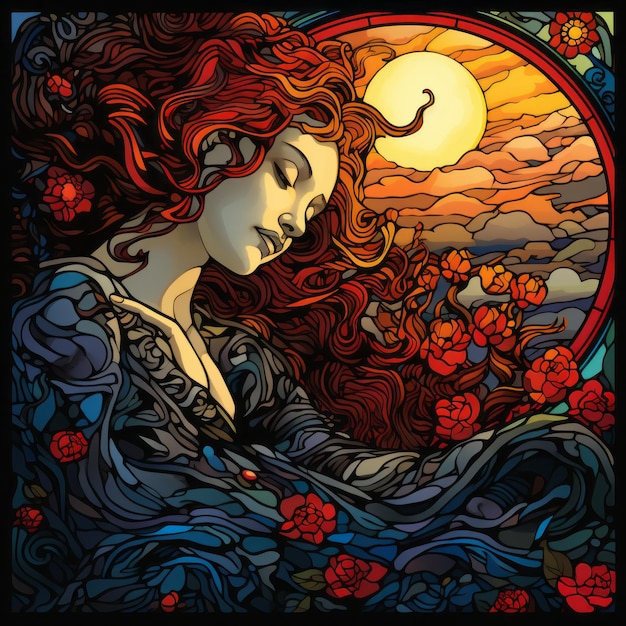 a stained glass painting of a woman with red hair