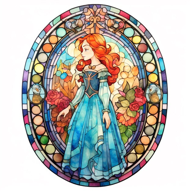 A stained glass painting of a young woman in a blue dress