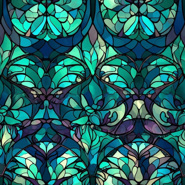 Stained glass pattern with a blue background.